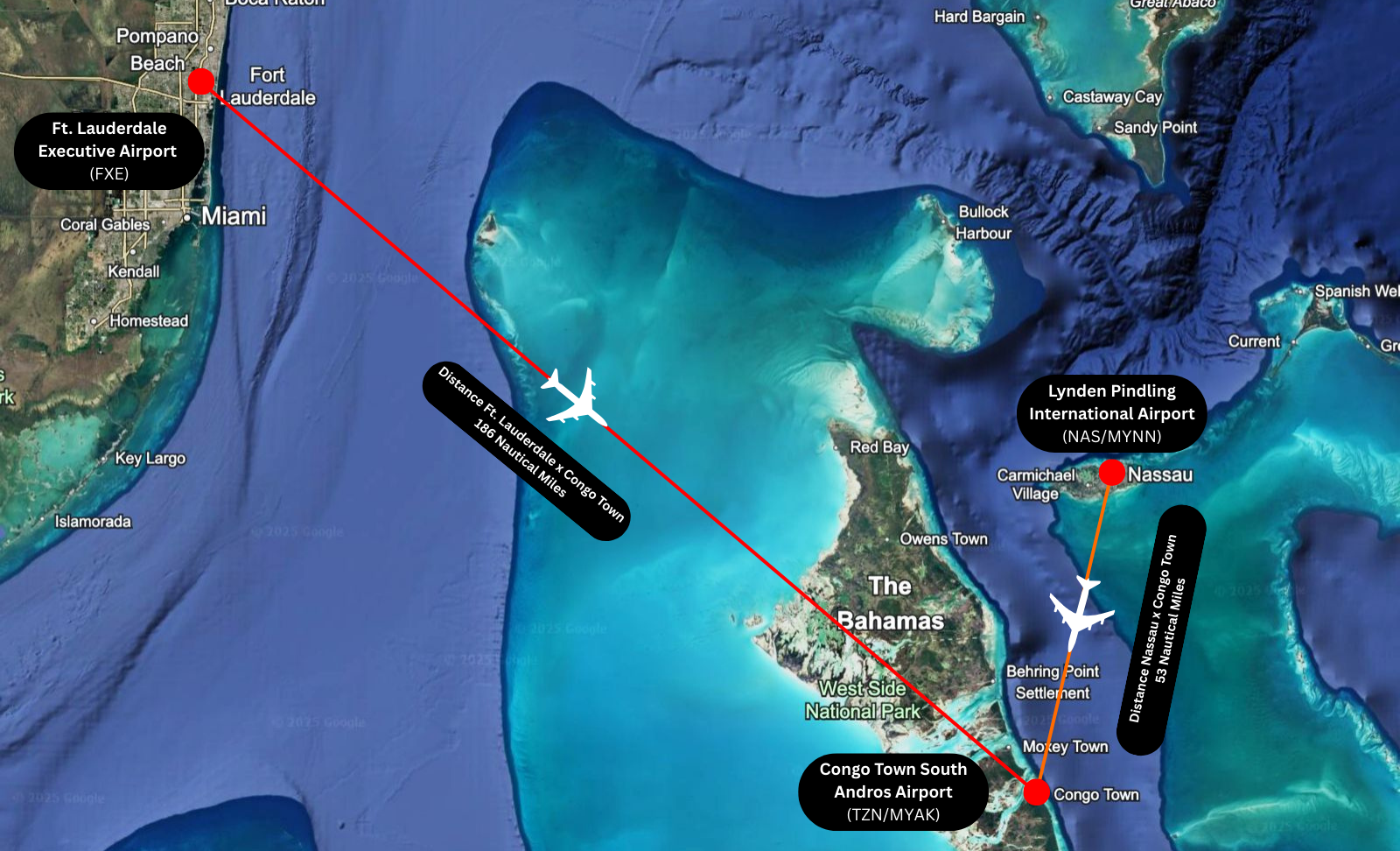 Satellite view of flight routes from Fort Lauderdale and Nassau to Congo Town South Andros Airport